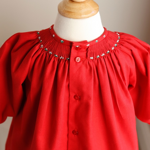 Red Smocked Bishop Dress Long Sleeve Hand-Embroidery Luli & Me Boutique LIKE NEW - Picture 3 of 5